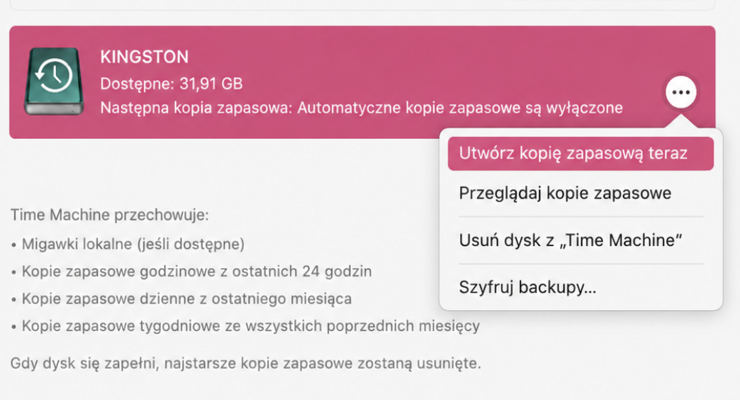 Jeśli tworzysz kopię zapasową Maca na zewnętrznym dysku, podłącz go, a następnie kliknij ikonę Time Machine na pasku menu i wybierz opcję Utwórz kopię zapasową teraz
