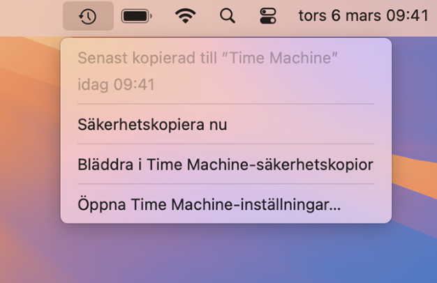 Du kan även starta en Time Machine-säkerhetskopiering genom att klicka på ikonen i din Macs menyrad och sedan välja 'Säkerhetskopiera nu'.