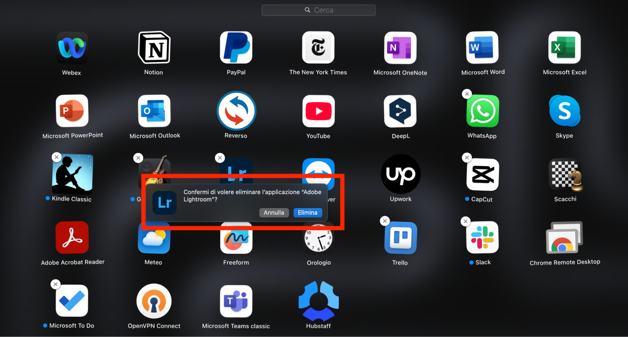 Un'icona di un'app macOS in Launchpad su Mac. Se vuoi sapere come disinstallare le app su Mac scaricate dal Mac App Store, fai clic e tieni premuta la loro icona in Launchpad, quindi seleziona X > Elimina.