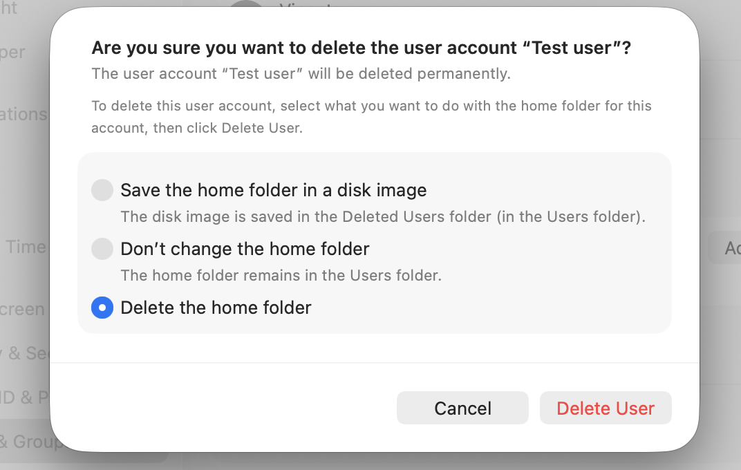 macOS confirmation dialog on a MacBook with Delete the home folder chosen and the Delete User button to permanently remove the test account.