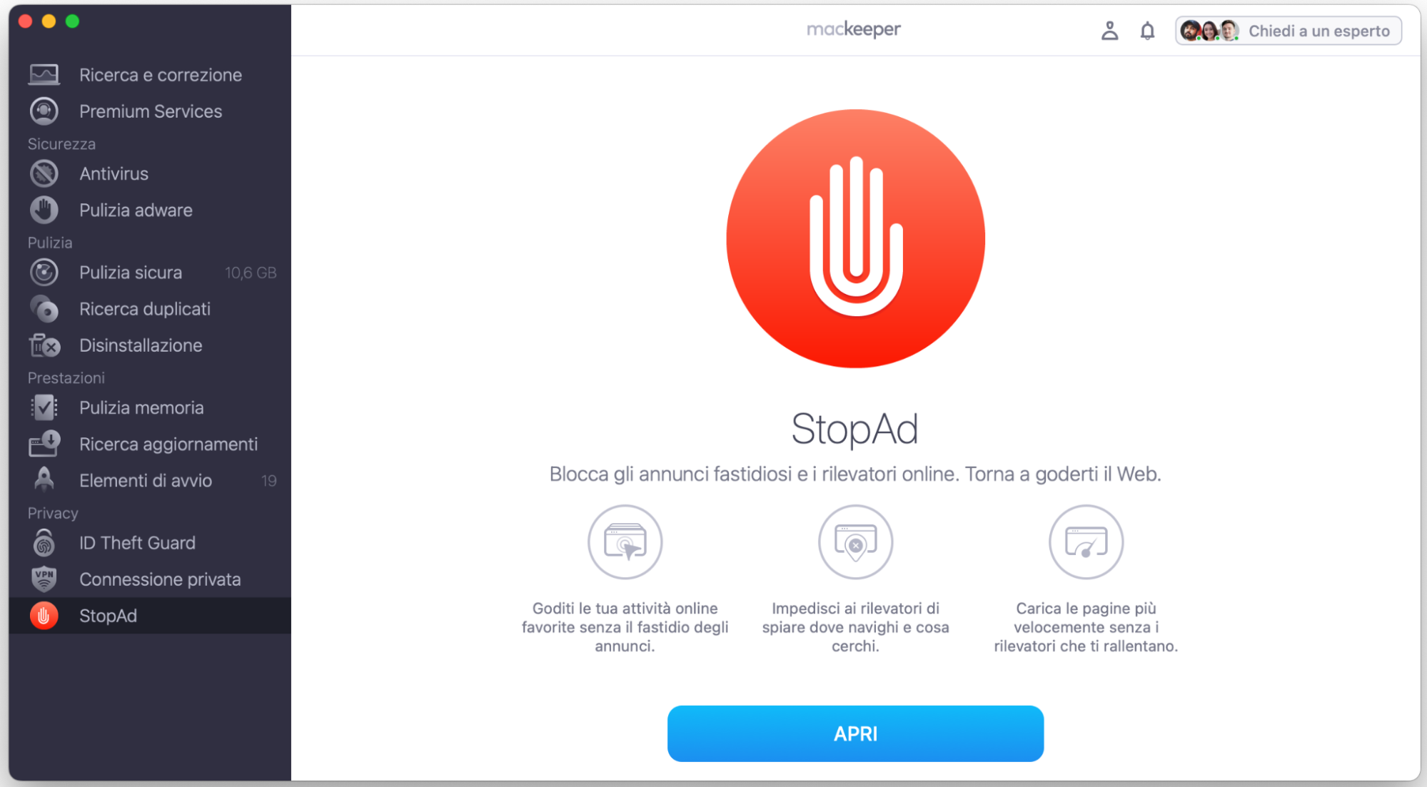 Installare un blocco contenuti o un ad blocker, come StopAd di MacKeeper, può aiutarti a mantenere il Mac protetto dai keylogger. Ti basta aprire l’app MacKeeper e fare clic sulla funzione StopAd.