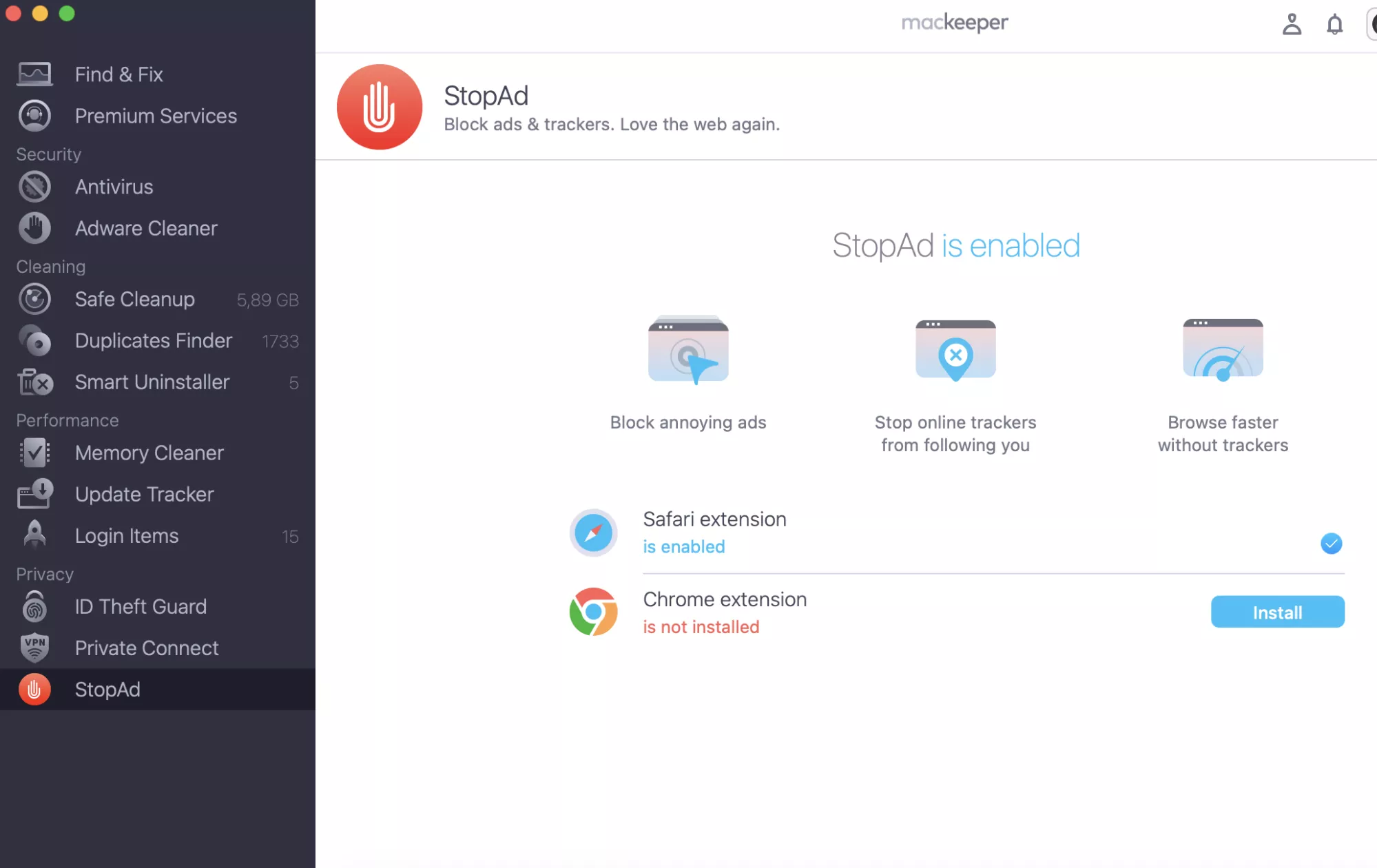 Open the MacKeeper app on your Mac, select StopAd from the left sidebar, then click Open StopAd and follow the prompt to enable the browser extension.