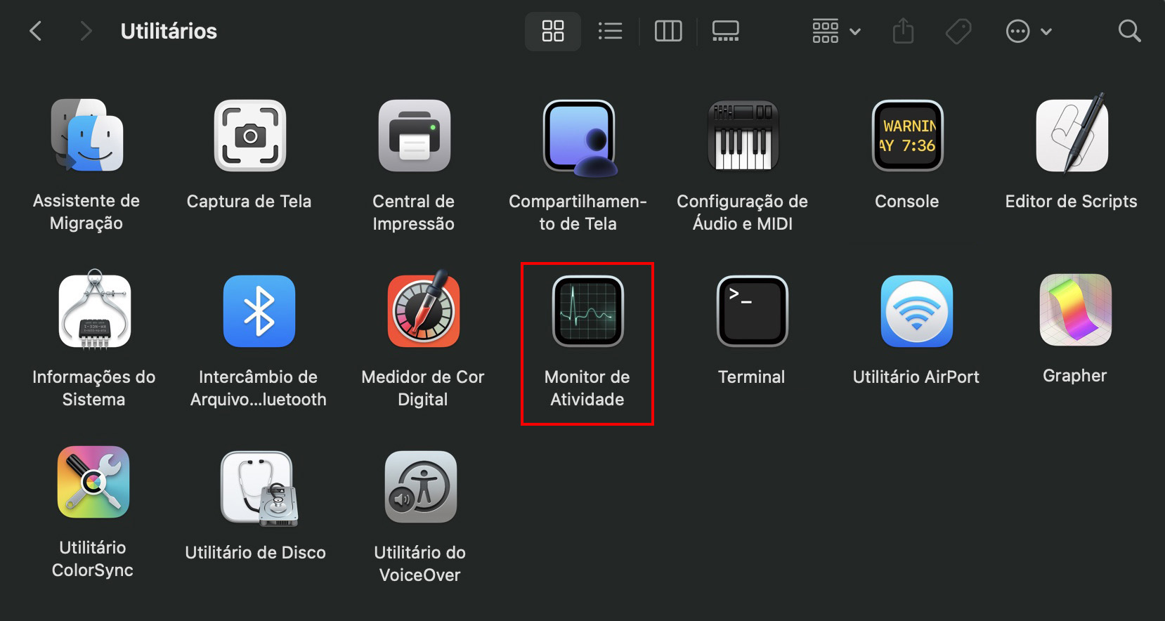 O ícone do Monitor de Atividade dentro da pasta Utilitários no Finder do Mac. Use o Monitor de Atividade para encontrar processos suspeitos se quiser saber como verificar a presença de malware no Mac.