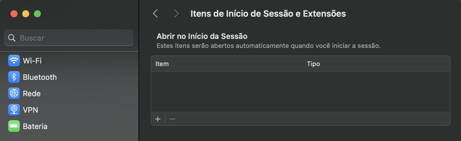 Pesquise por Itens de Início de Sessão e Extensões para verificar se há aplicativos ou extensões que você deseja remover da abertura automática ao iniciar a sessão.
