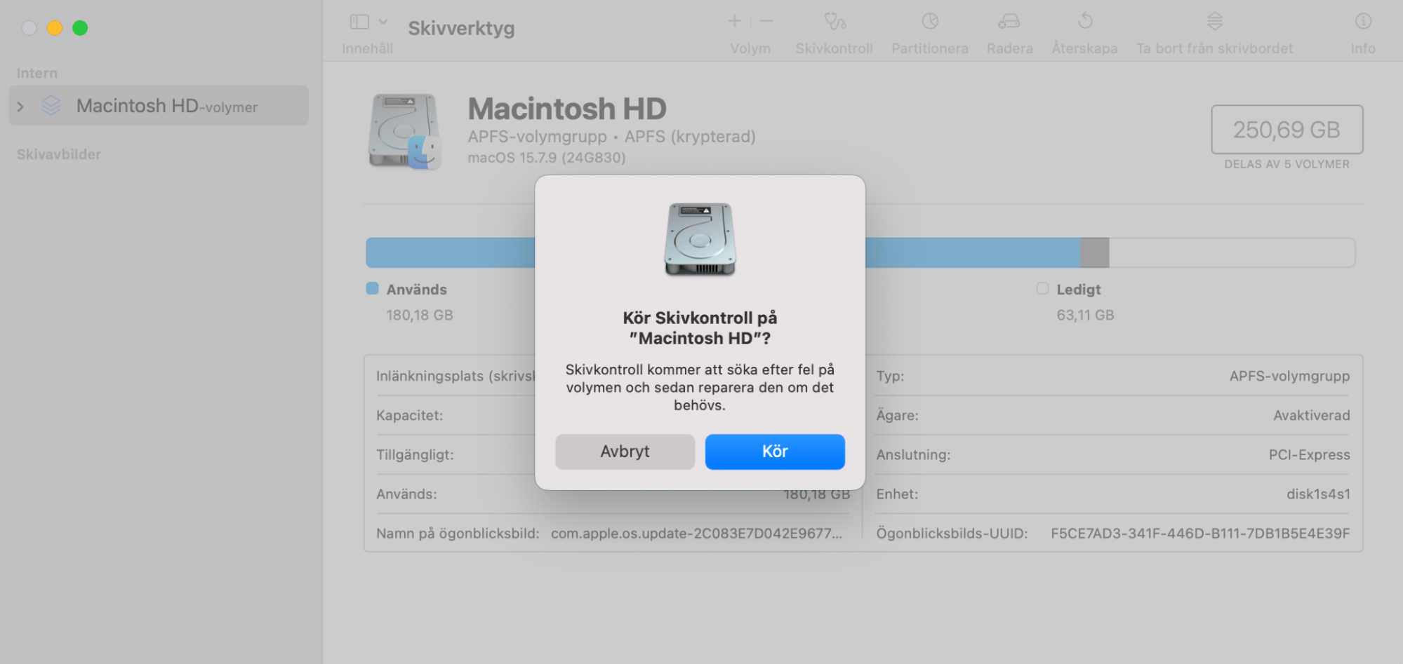 Appen Skivverktyg frågar om du vill köra Skivkontroll på det valda programmet. Bekräfta med knappen Kör