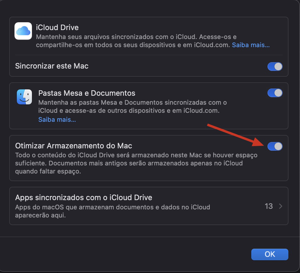As opções do iCloud Drive nos Ajustes do Sistema do Mac. Certifique-se de que a opção Otimizar Armazenamento do Mac esteja ativada para enviar arquivos para a nuvem e liberar espaço no Mac.