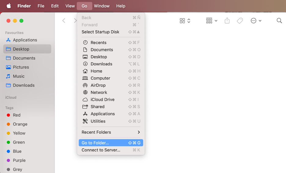 To delete associated files on Mac, open the Go to Folder tool on your device.