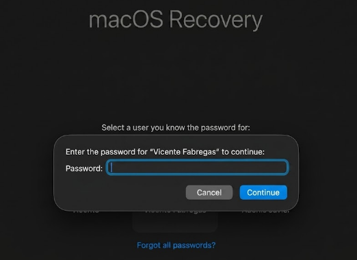 macOS Recovery user selection screen on an Apple Silicon Mac asking you to choose an admin account whose password you know to continue.