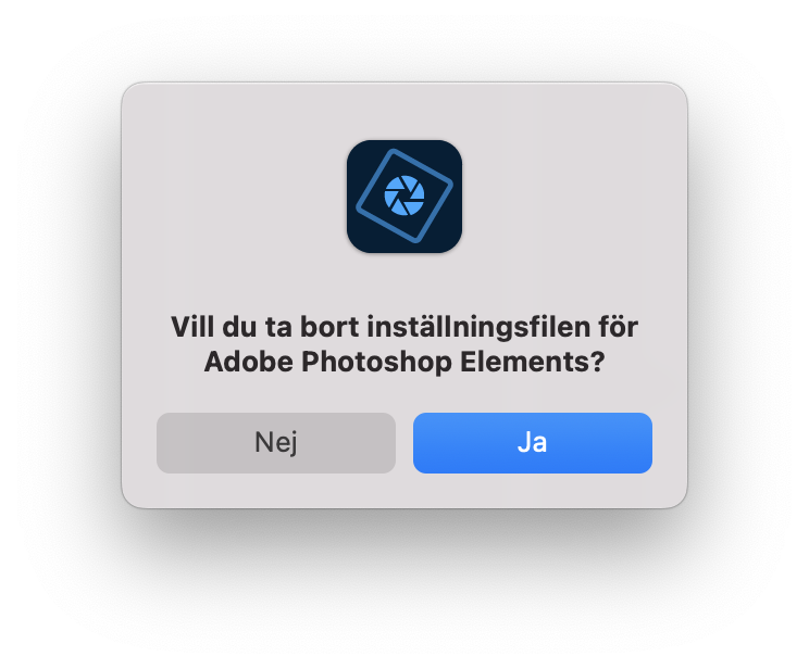 En dialogruta i Photoshop som frågar om inställningsfilen för Photoshop ska tas bort. Klicka på Ja för att bekräfta att du vill ta bort Photoshops inställningar.