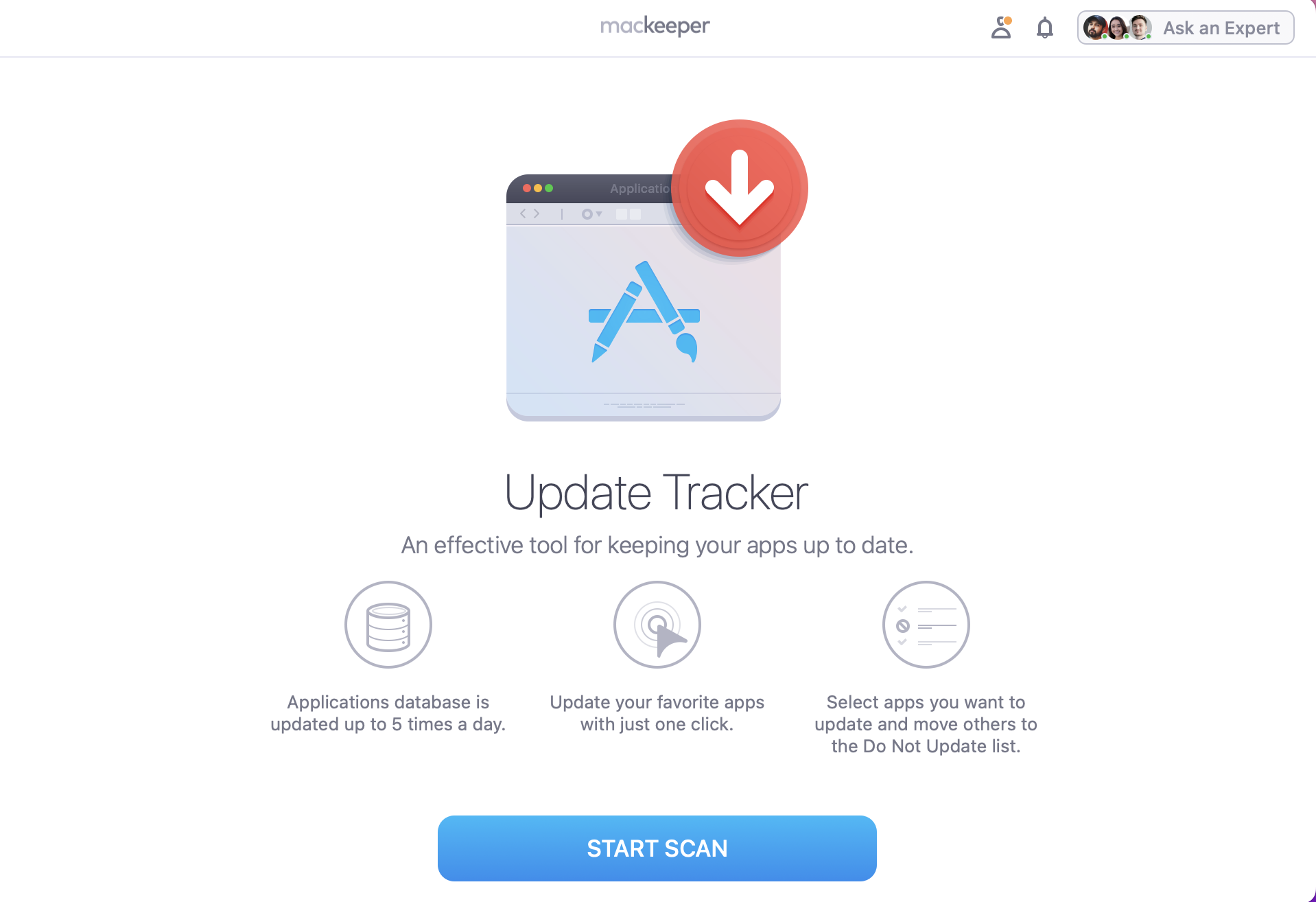 If you’re interested in finding out what apps need updating on your Mac, you can use our Update Tracker tool to find and update them for you. First, you just need to open the MacKeeper app, click on the Update Tracker tool, and press Start Scan.