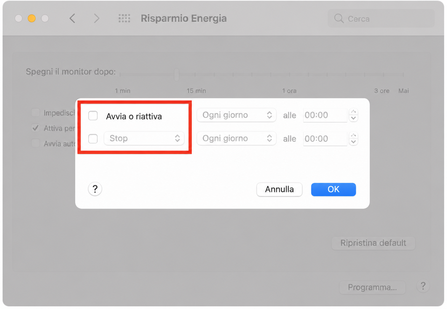 Nella finestra delle impostazioni di pianificazione, scegli quando vuoi che il Mac si avvii o si riattivi, e quando vuoi che vada in sospensione o si spenga.