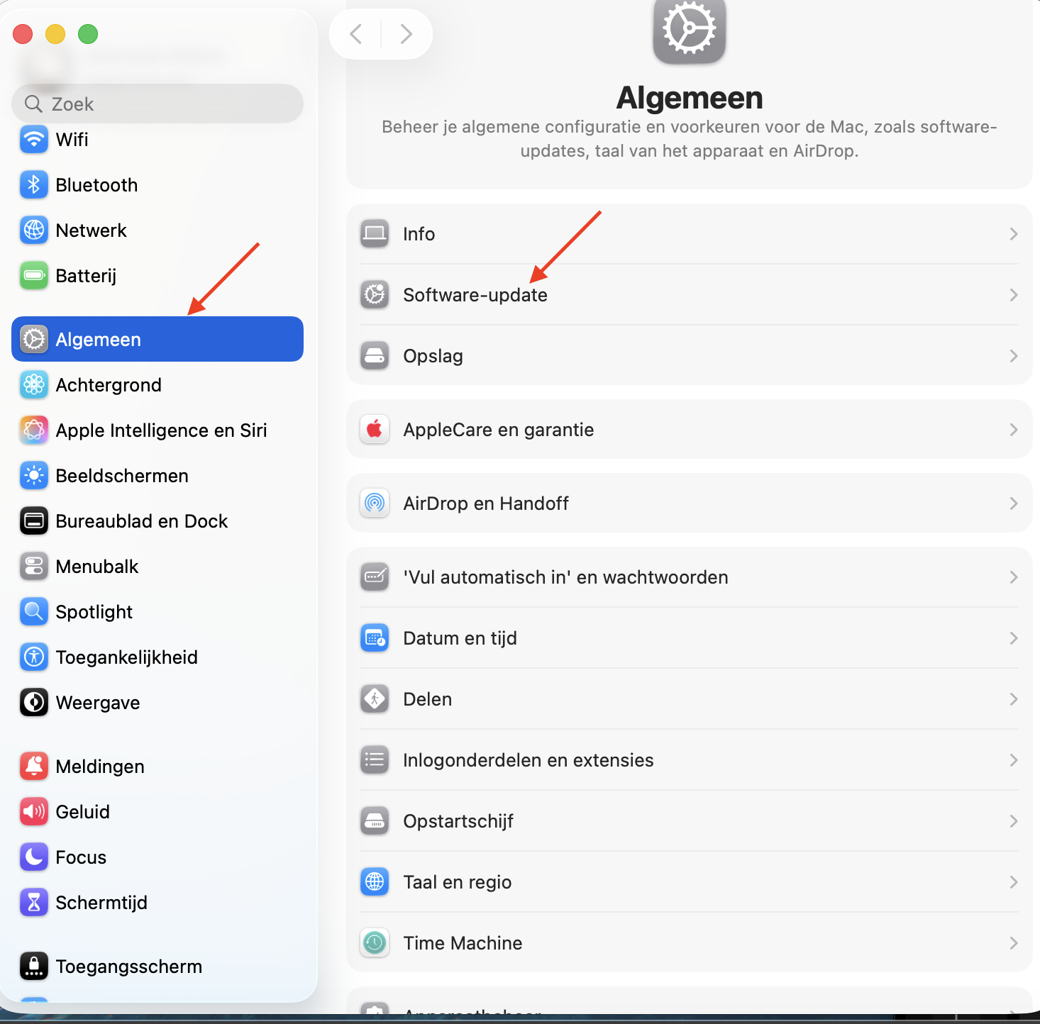 De app ‘Systeeminstellingen’ op de Mac toont het menu ‘Algemeen’. Selecteer ‘Software-update’ om macOS bij te werken.
