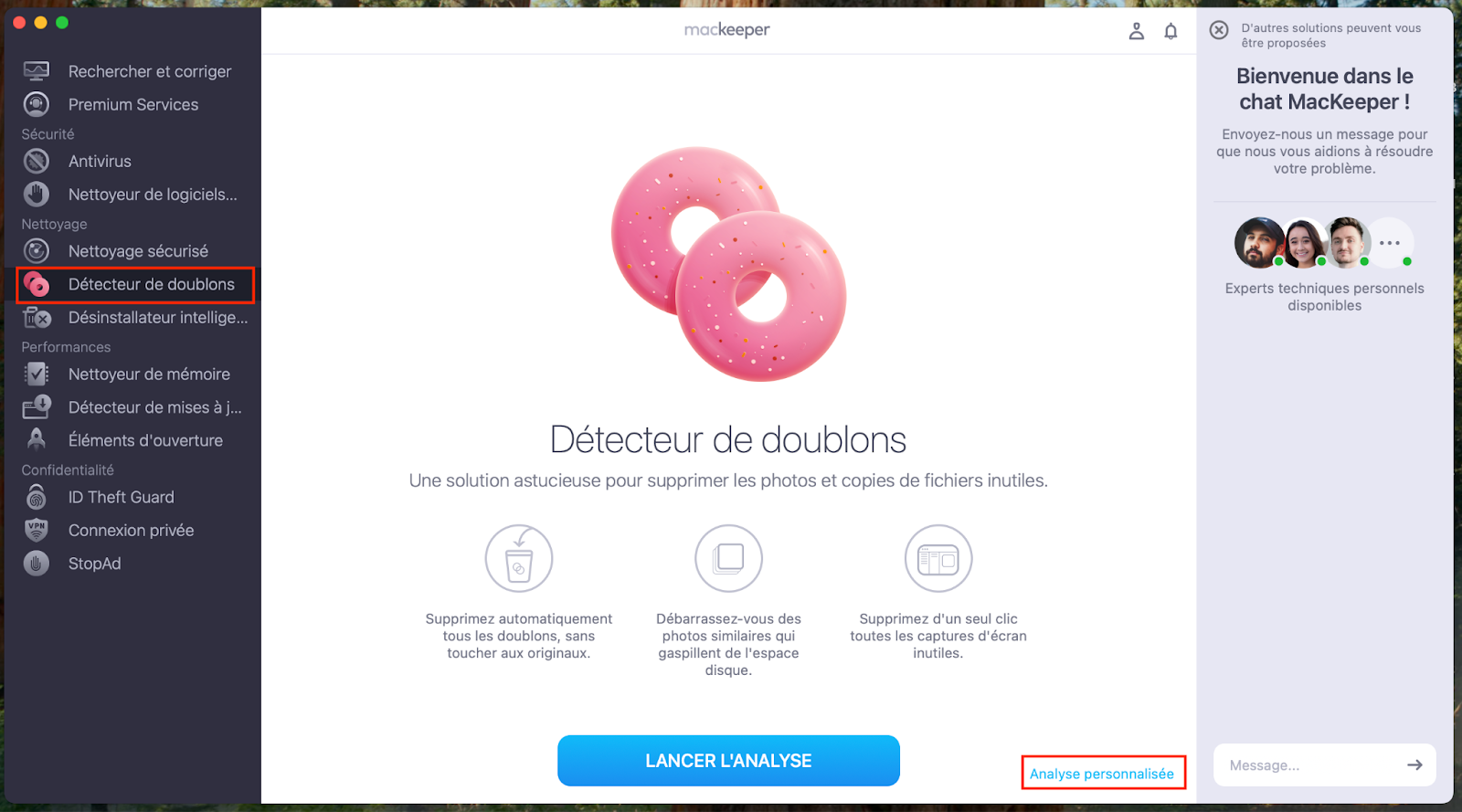 L'application MacKeeper affiche la fonctionnalité Détecteur de doublons, y compris l'analyse personnalisée, qui permet de rechercher et de supprimer automatiquement les fichiers similaires sur votre Mac.