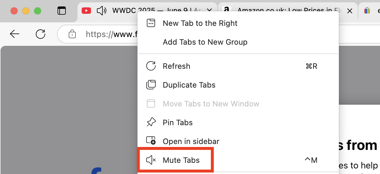 The contextual menu that appears after right-clicking a tab in Microsoft Edge on Mac. To silence multiple tabs, select them while holding the command key, then right-click one and choose Mute Tabs.