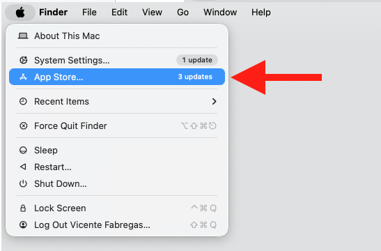 macOS Apple menu open on an iMac with App Store highlighted, used to check for active updates causing installd high CPU usage.