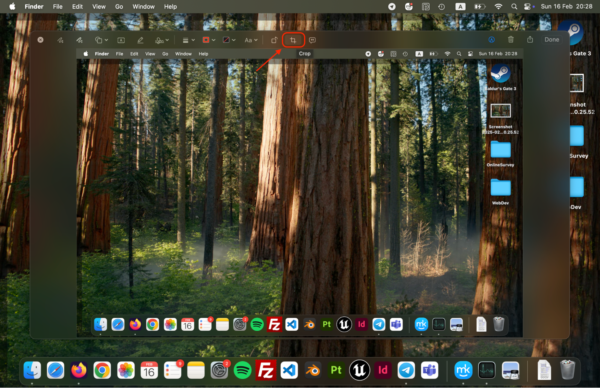Click the Crop button, adjust the selection to frame the desired area, and press Done to finalize the cropped screenshot on Mac.