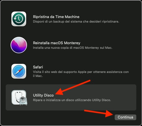 macOS Recovery su Mac mostra un elenco di opzioni di recupero. Seleziona Utility Disco, poi fai clic su Continua per inizializzare il disco di avvio del Mac e installare una nuova copia di macOS.