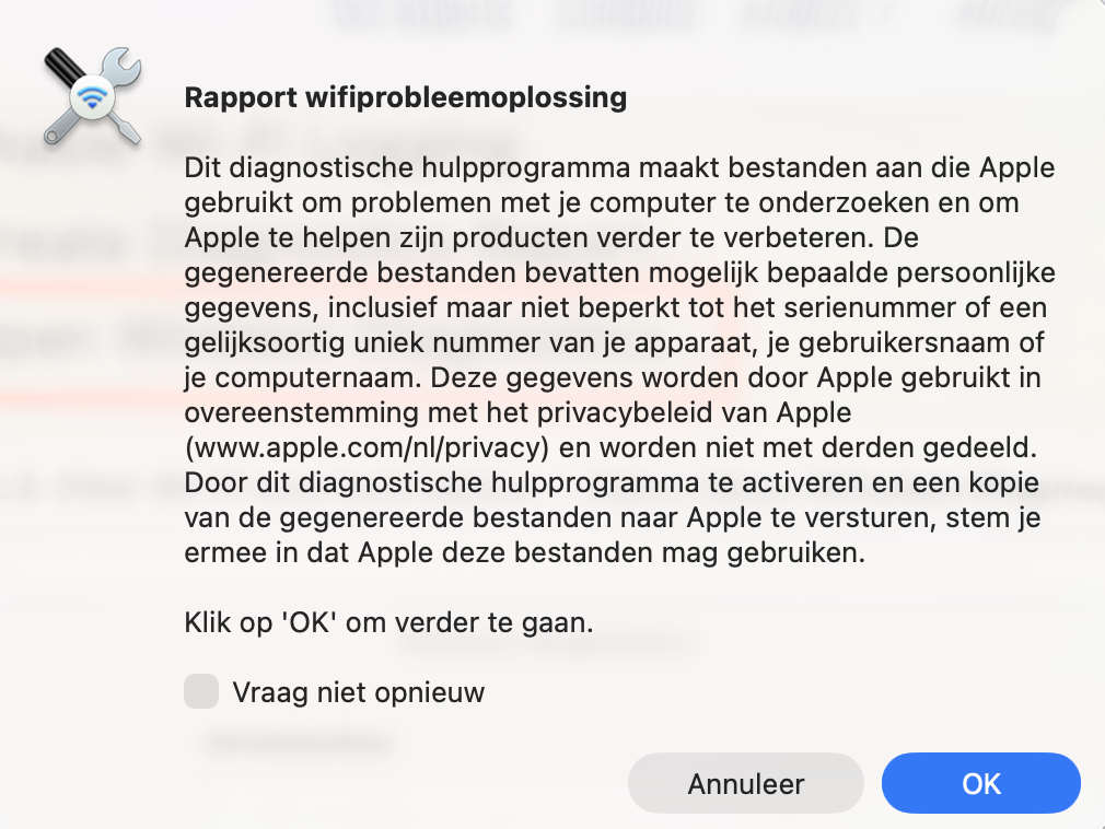 Om Draadloze diagnostiek op je Mac uit te voeren volg je de instructies op het scherm en kijk je of je de oorzaak van de internetproblemen kunt achterhalen