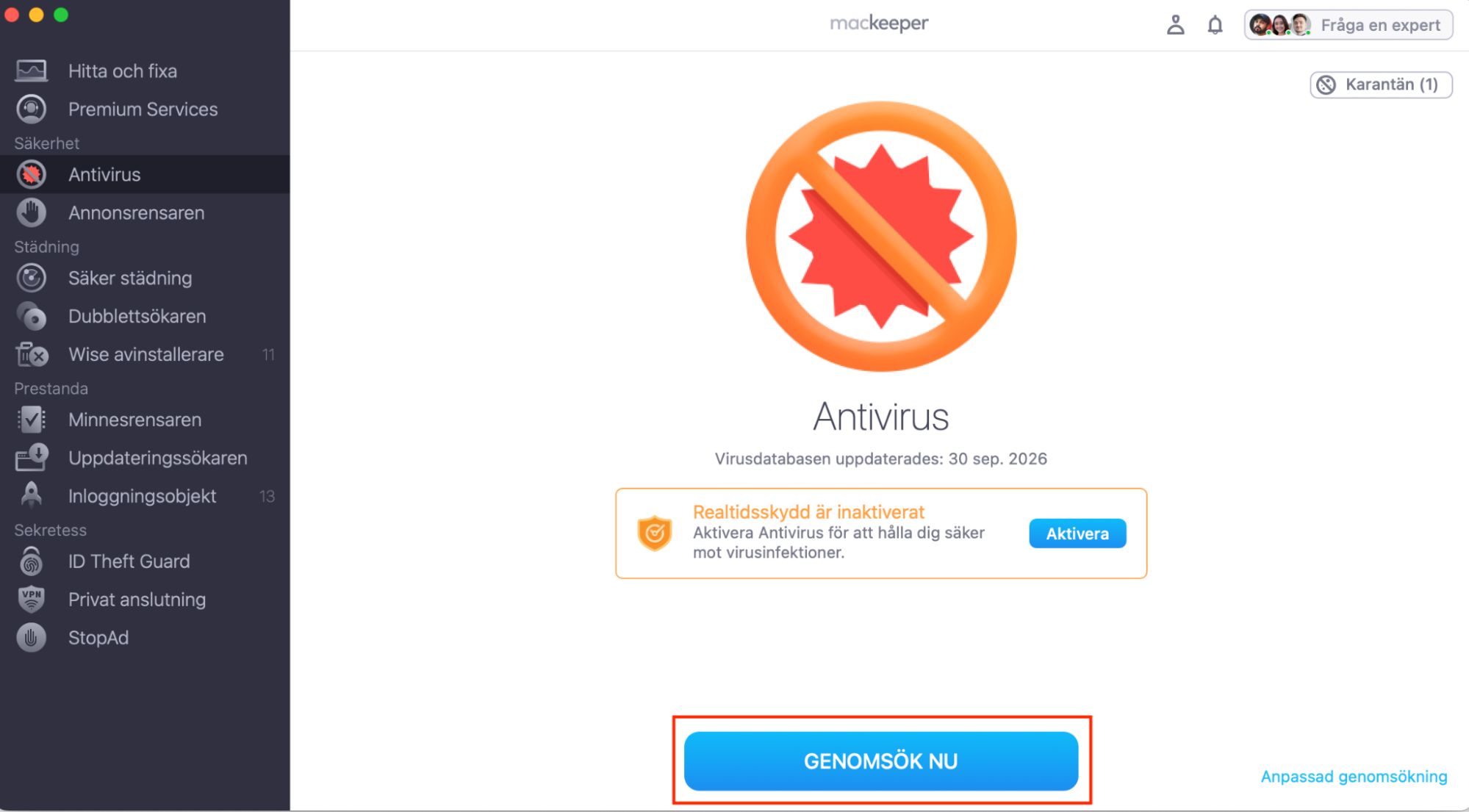 I MacKeepers Antivirus-fönster ser du ett alternativ för att låta din bärbara dator kontrolleras för virus och skadlig kod. För detta behöver du bara klicka på Genomsök nu.