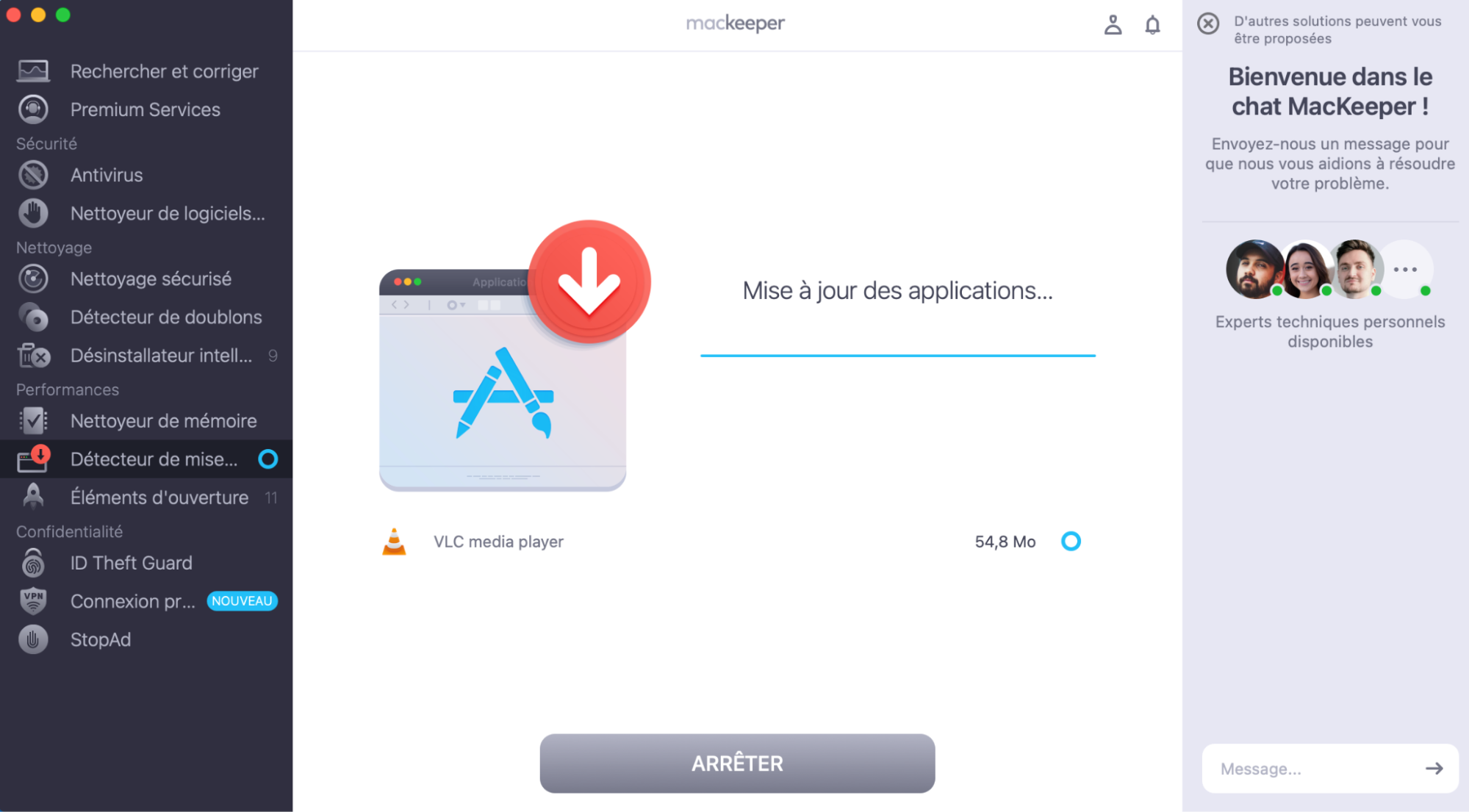 Patientez pendant que le Détecteur de mises à jour de MacKeeper met à jour vos applications.