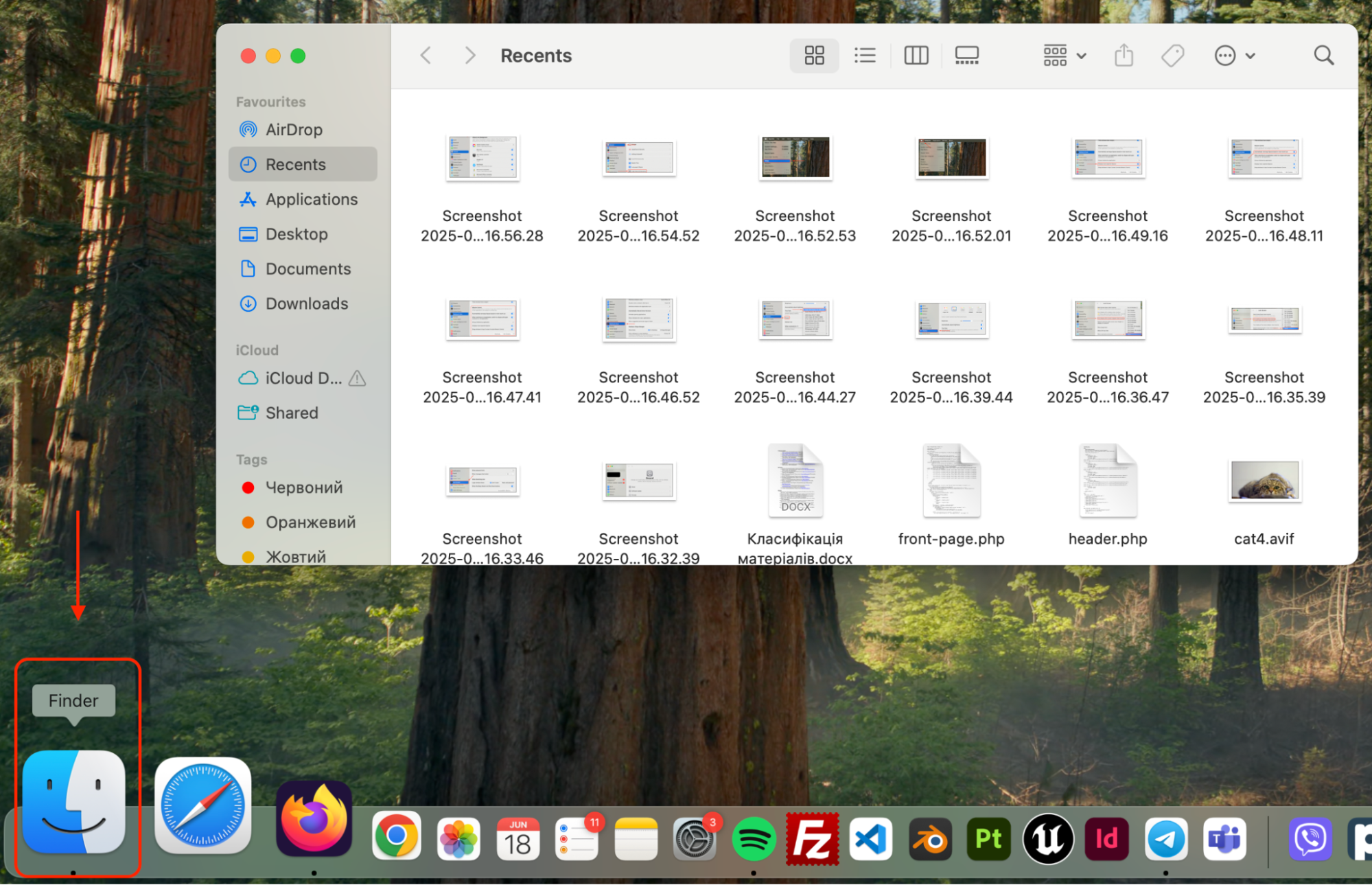 Click the Finder icon in your Dock to open a new window and access files, folders, and system locations on your Mac.
