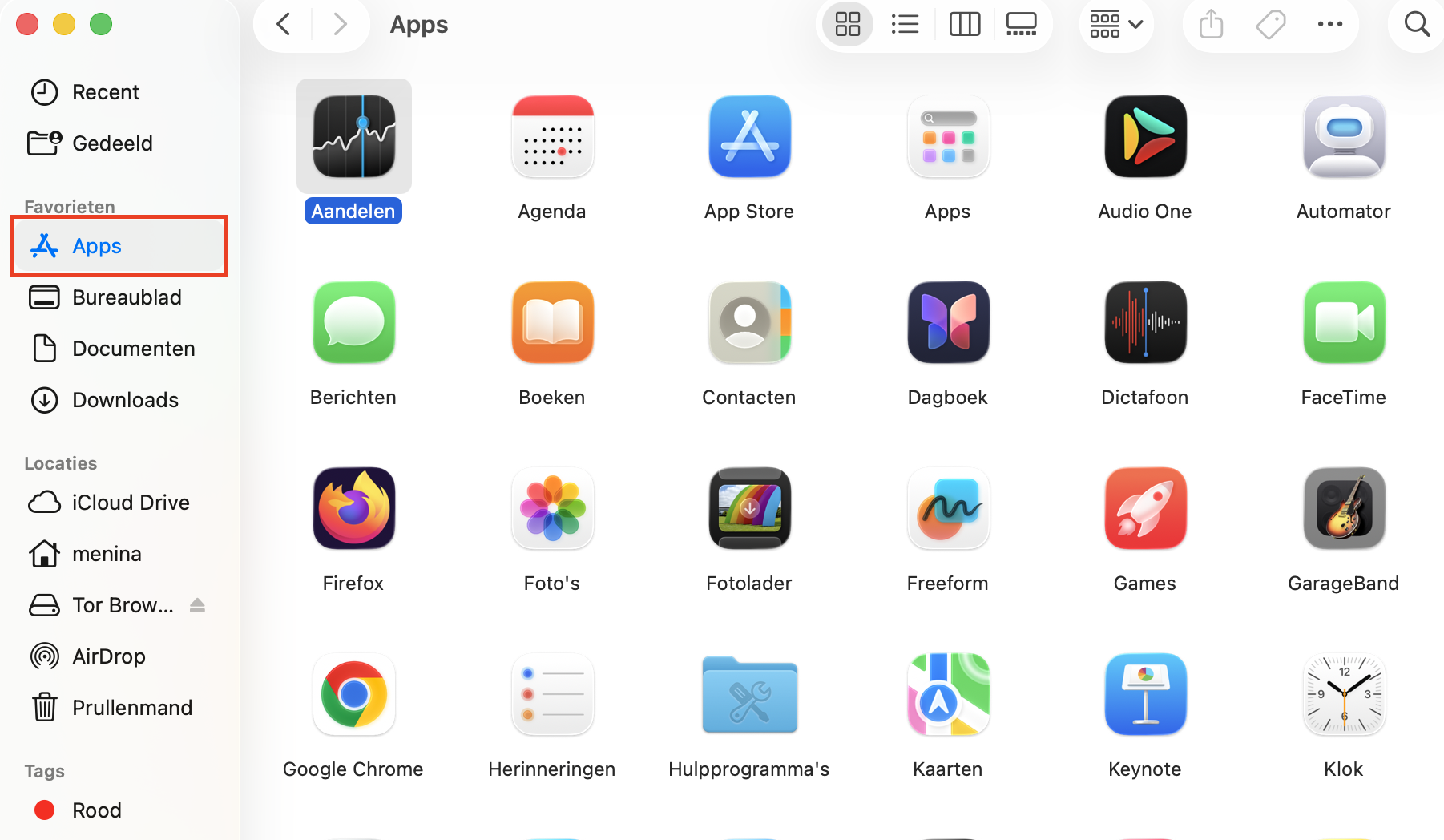 De map Apps in Finder op de Mac. Je kunt hier ongebruikte apps verwijderen om ruimte vrij te maken op je Mac.