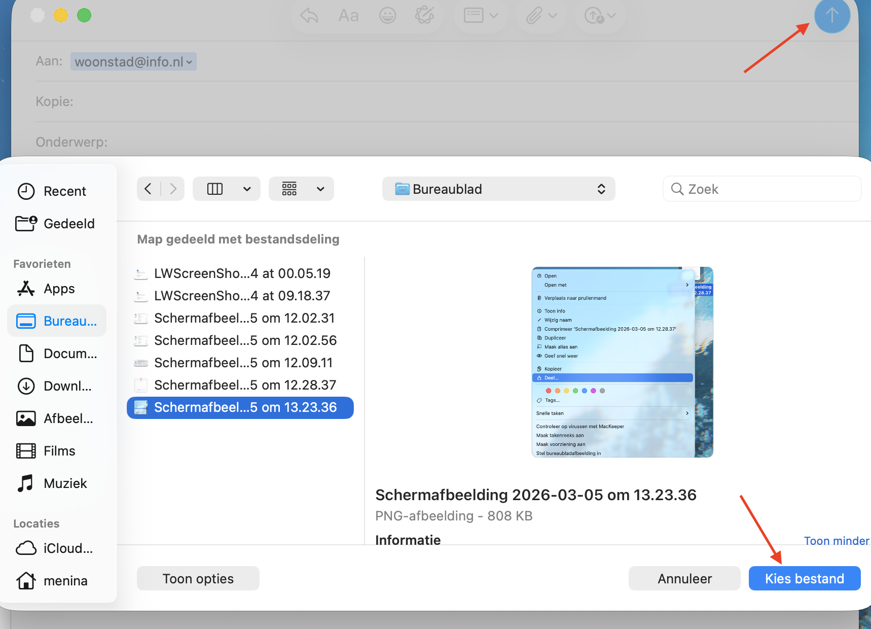 Mail op Mac met een nieuw berichtvenster en een bijgevoegd bestand. Voer je e-mailadres in en klik op Verstuur om gegevens van Mac naar Mac te verplaatsen via e-mail.