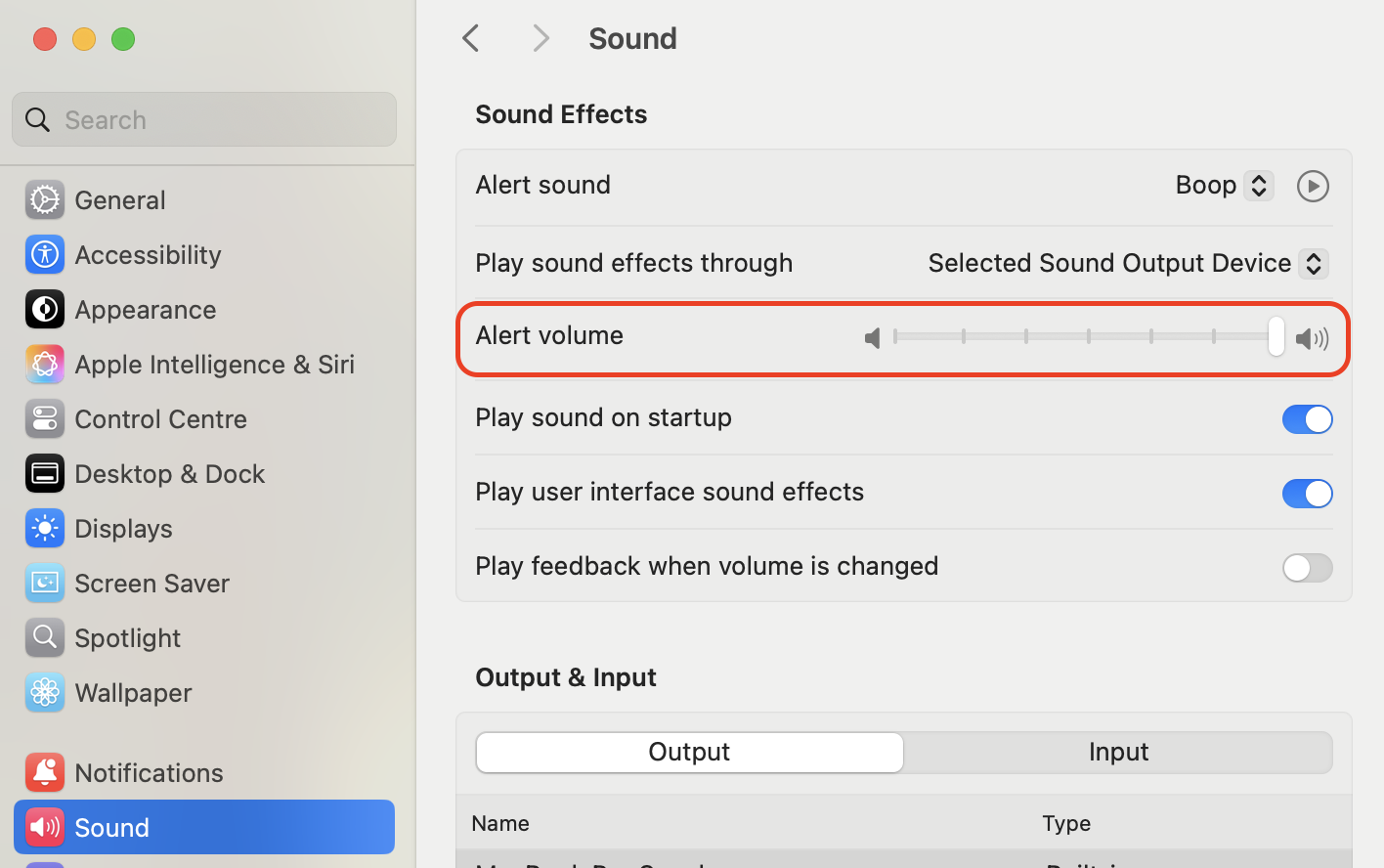 Open System Settings, click Sound, drag the Alert volume slider up, then deselect the Mute checkbox under Output volume.