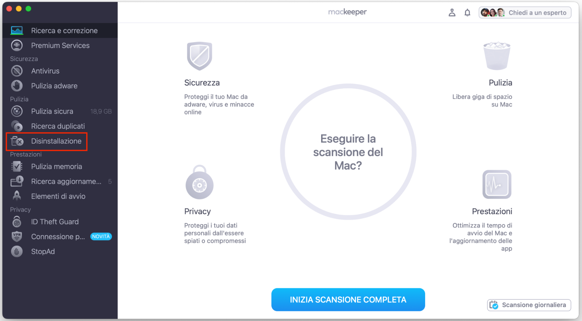 Se hai un’app che non risponde sul MacBook, prova a reinstallarla. Per iniziare, apri MacKeeper e seleziona Disinstallazione dalla barra laterale.