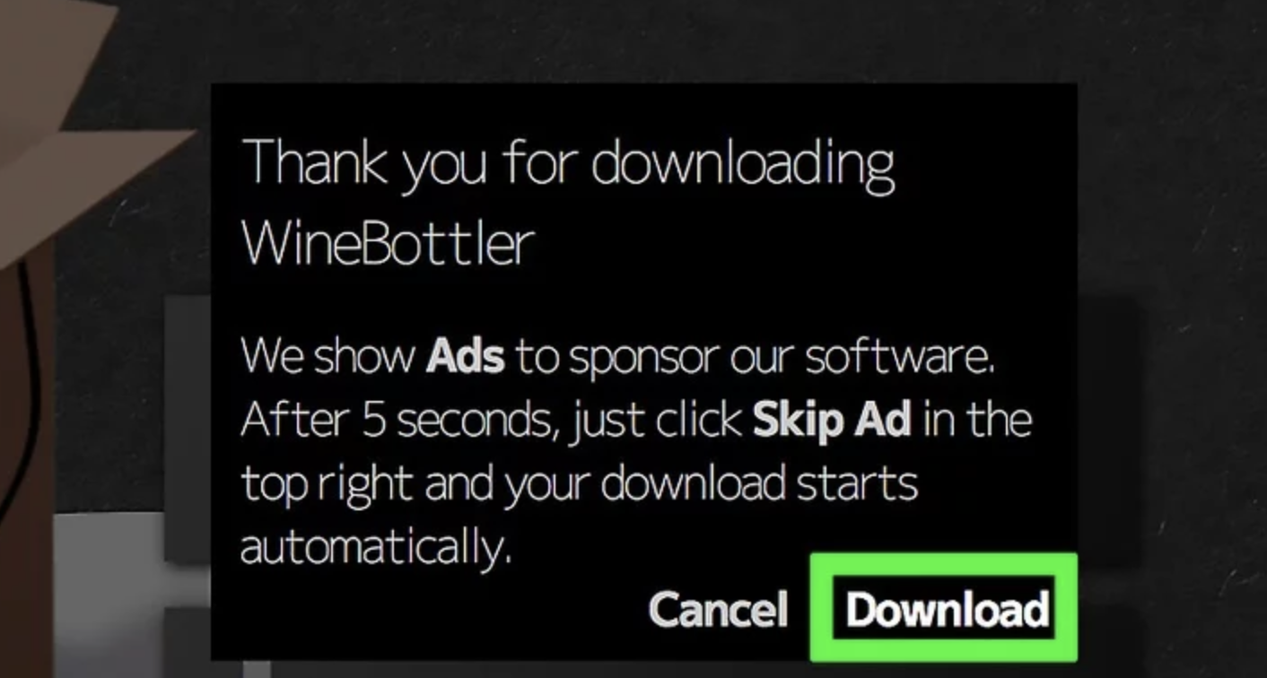 Après avoir choisi la version de Wine qui convient à votre Mac, une nouvelle fenêtre s’ouvrira. Cliquez alors sur Télécharger (Download) pour lancer l’installation.