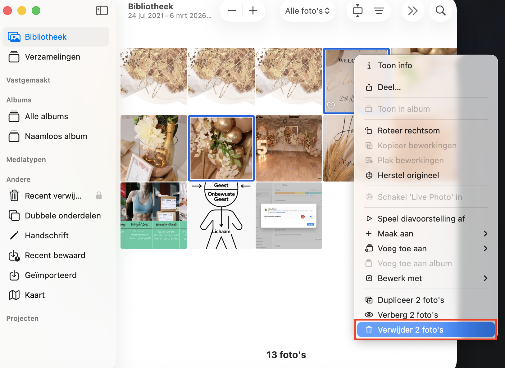 De optie Verwijder 2 foto’s is rood omlijnd in de Foto’s-app op een MacBook om foto's te verwijderen.