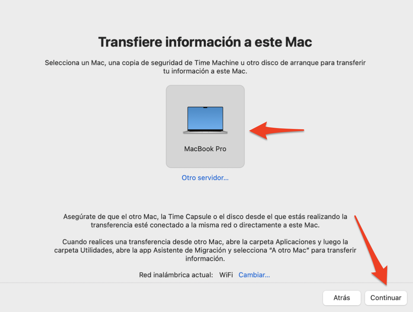 Asistente de Migración en Mac mostrando la ventana de información de transferencia. Para utilizar el Asistente de Migración para mover contenido de un Mac a otro, selecciona tu Mac antiguo y, a continuación, haz clic en Continuar. Asistente de Migración en Mac mostrando la ventana de información de transferencia. Para utilizar el Asistente de Migración para mover contenido de un Mac a otro, selecciona tu Mac antiguo y, a continuación, haz clic en Continuar.