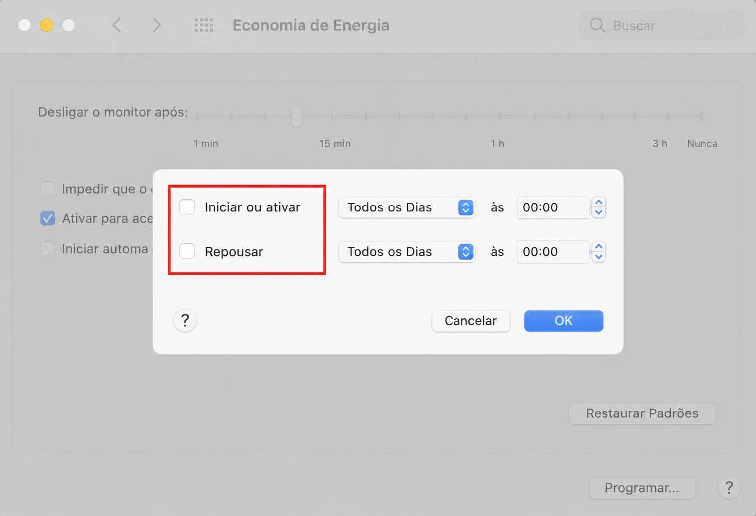 Na janela de configurações de agendamento, escolha quando deseja que o Mac ligue ou desperte e quando deve entrar em repouso ou ser desligado.