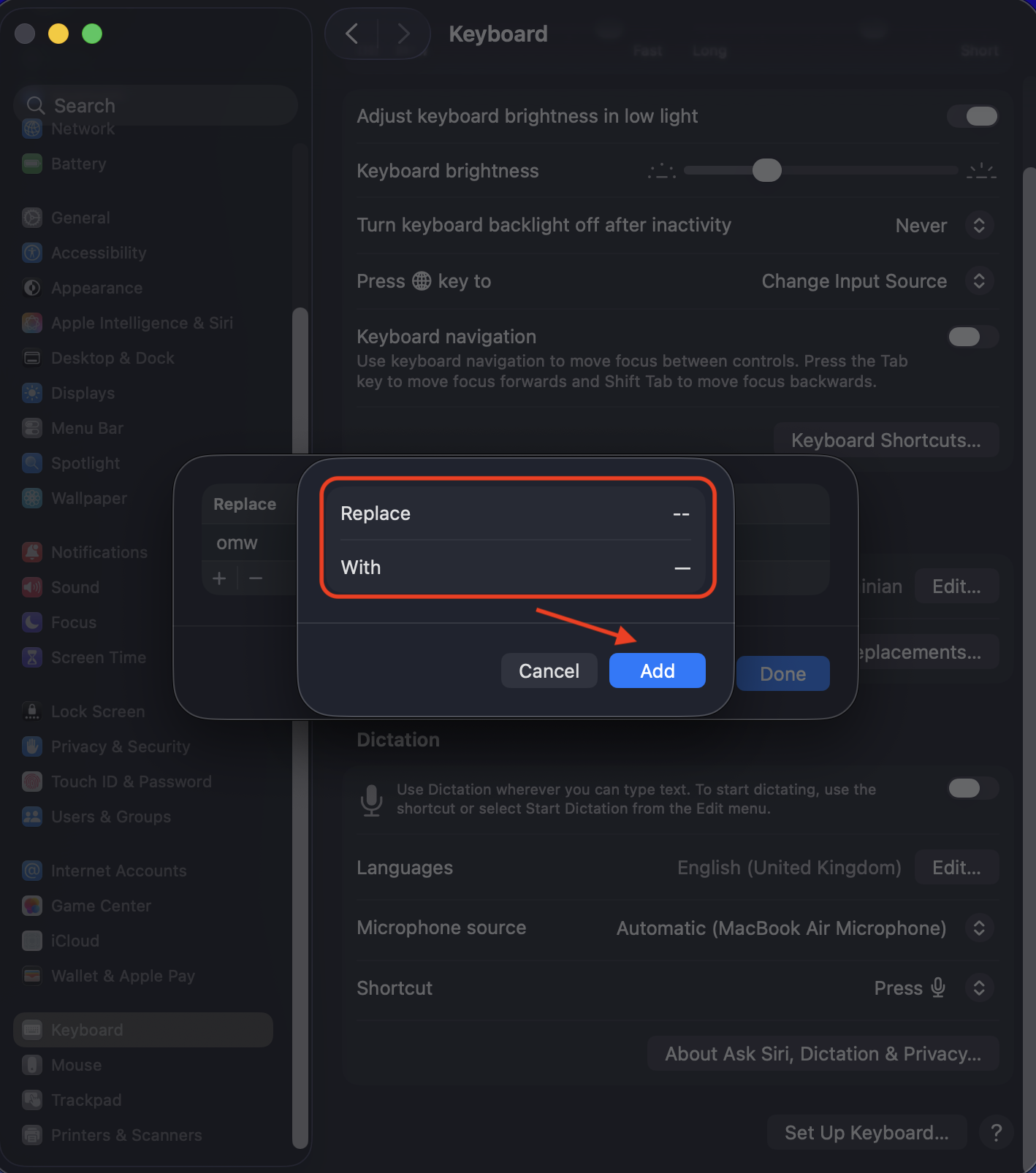 After clicking the plus button, enter your chosen shortcut in the Replace field, and then paste or type the em dash into the With field, then click Add to save the shortcut.