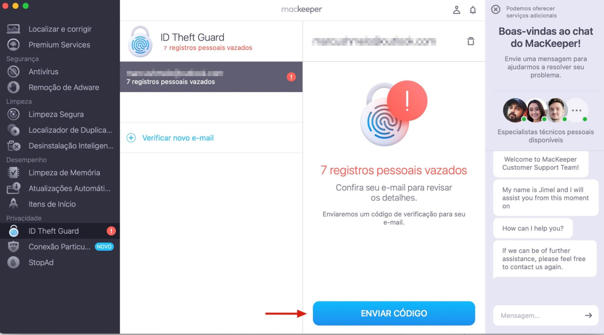 O MacKeeper no Mac exibe o ID Theft Guard. Para verificar se seu e-mail foi comprometido, clique no botão Enviar Código para começar.