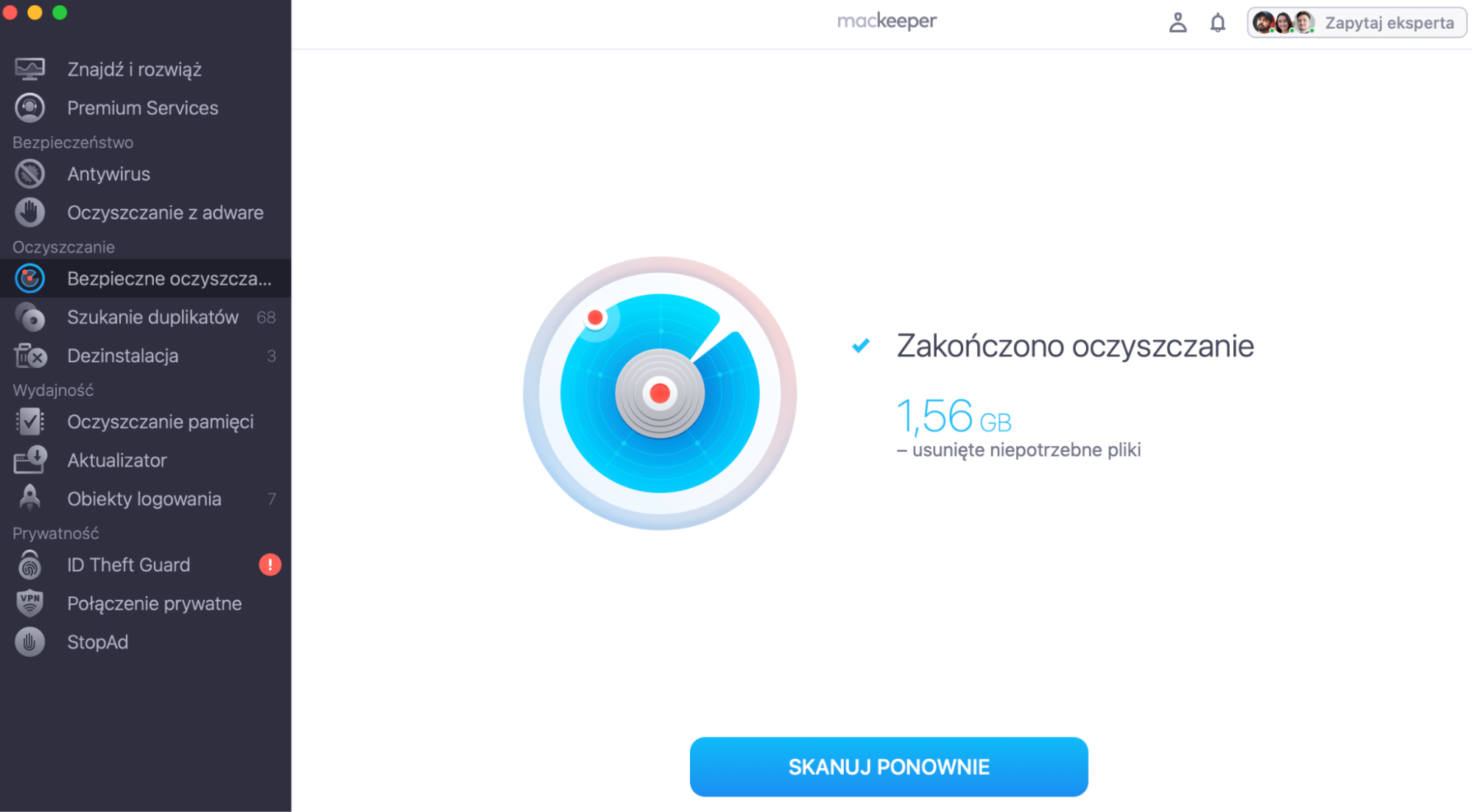 Po zakończeniu skanowania Bezpieczne oczyszczanie wyświetla wyniki oczyszczania. W razie potrzeby możesz również opróżnić Kosz, aby odzyskać dodatkowe miejsce na dysku.