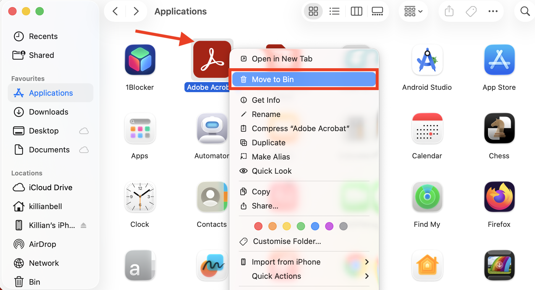 The Adobe Acrobat folder inside Applications on Mac. When you want to know how to delete Adobe Acrobat from Mac, right-click the Acrobat folder and select Move to Trash.