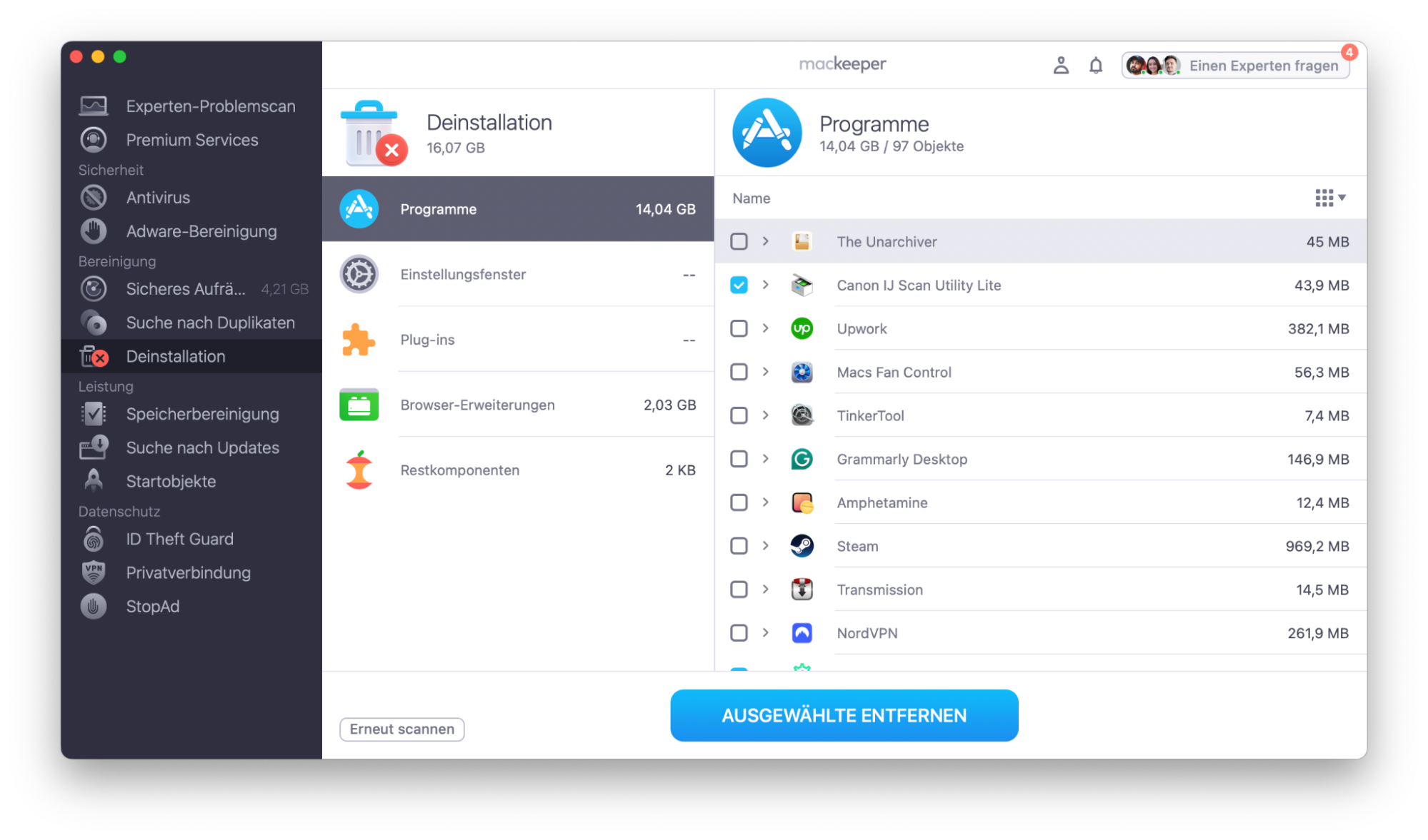 Überprüfen Sie nach dem Scan die Liste der Dateien, die die Apps löschen möchten. Wählen Sie die Dateien aus, die Sie entfernen möchten, und klicken Sie auf Ausgewählte entfernen.