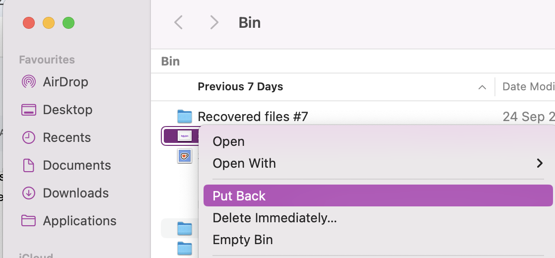 To easily recover accidentally deleted Mac files from your SD card, keep it plugged in and head to the Mac Trash Bin in your Dock. Look for your deleted items, right-click, and select Put Back to recover.