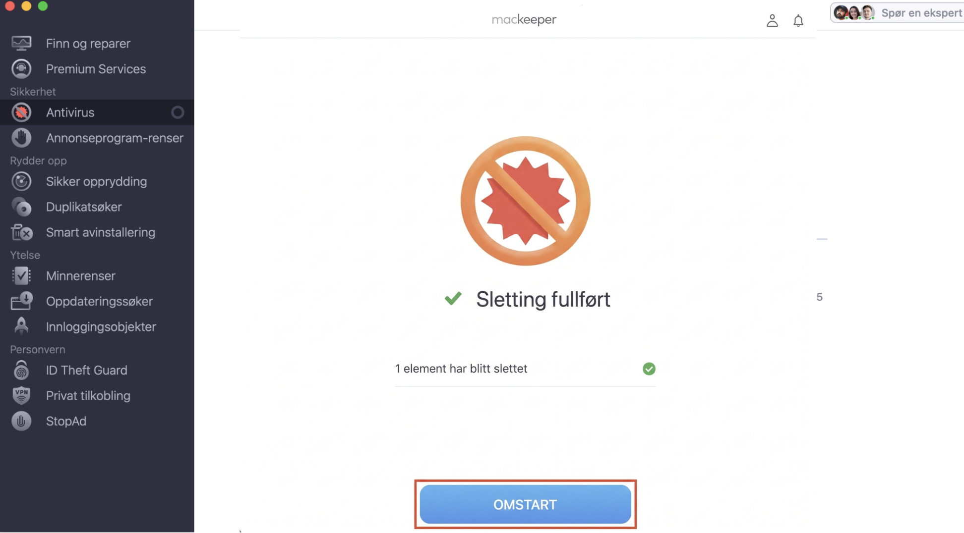 For å sørge for at alt skadelig innhold er slettet fra Macen din, starter du MacKeeper-appen på nytt ved å klikke på Start på nytt.