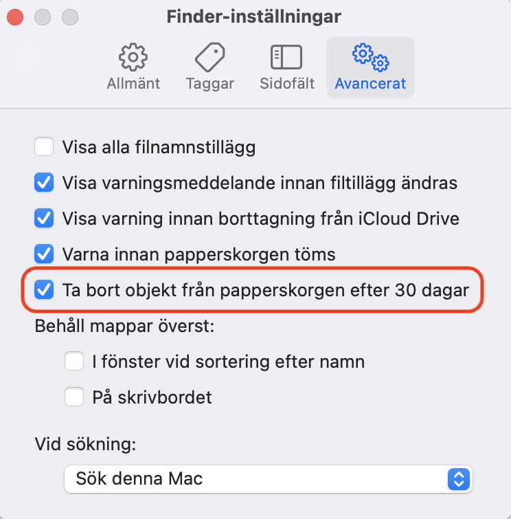 Funktionen för automatisk tömning av papperskorgen med alternativet Ta bort objekt från papperskorgen efter 30 dagar markerat
