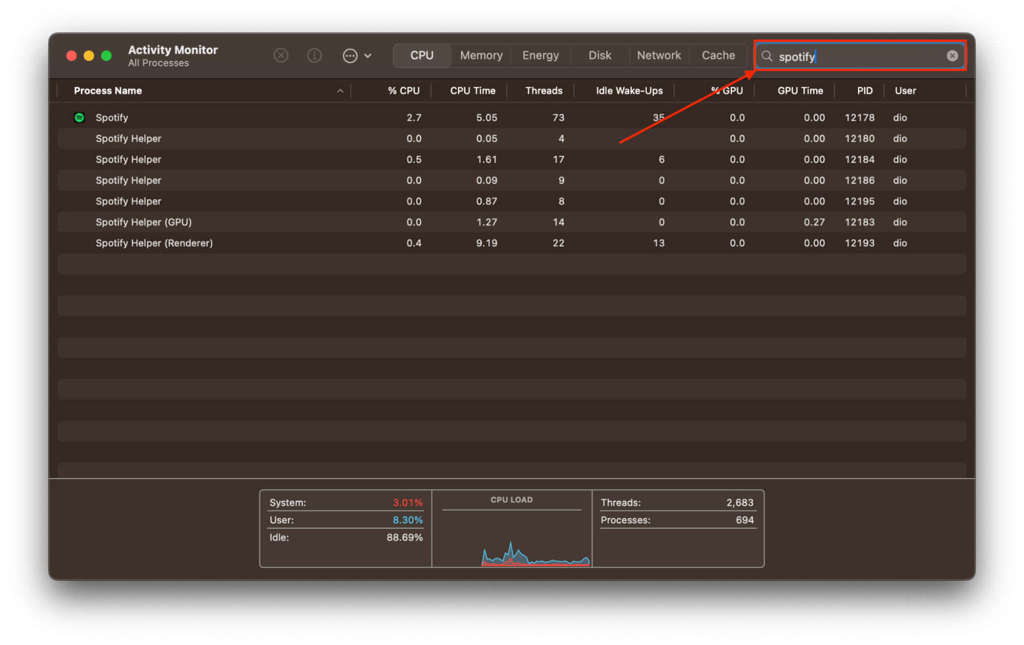 Activity Monitor window on a MacBook with 