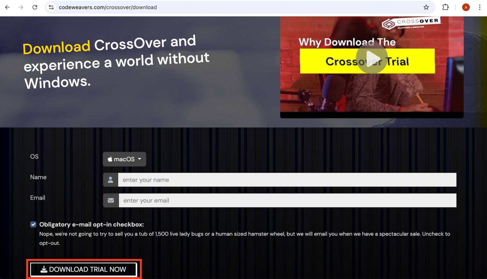 The CrossOver free trial download appears on the CodeWeavers website. Download it to run Marvel Rivals on Mac using CrossOver.