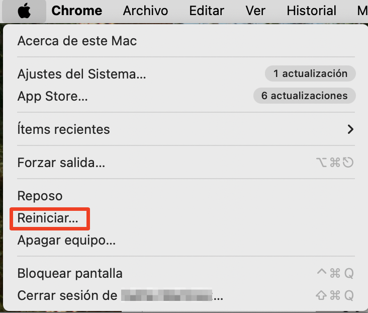 El menú Apple en un Mac, con Reiniciar resaltado. Cómo arreglar servicio de cuentas quiere usar el llavero de inicio de sesión: eliminar servicio de cuentas.