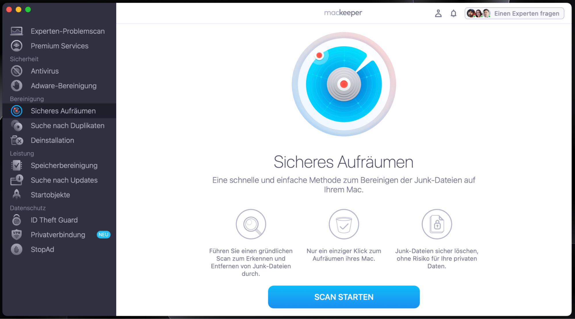 Um Filme oder andere nicht benötigte Dateien von Ihrem Mac zu löschen und Speicherplatz freizugeben, verwenden Sie die Funktion Sicheres Aufräumen von MacKeeper. Starten Sie die App, gehen Sie zu Sicheres Aufräumen und klicken Sie auf Scan starten.