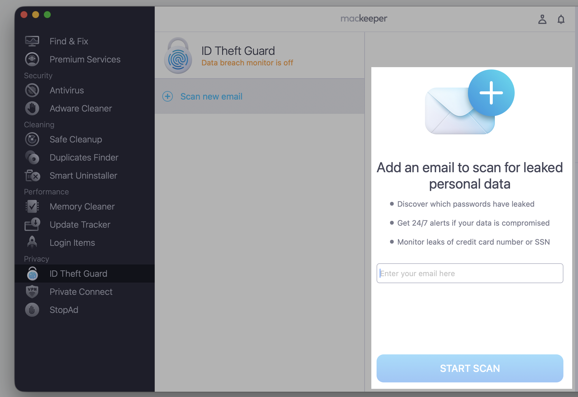 MacKeeper’s ID Theft Guard on an Apple device, adding an email address to scan for leaked personal data and exposed iCloud Keychain logins.