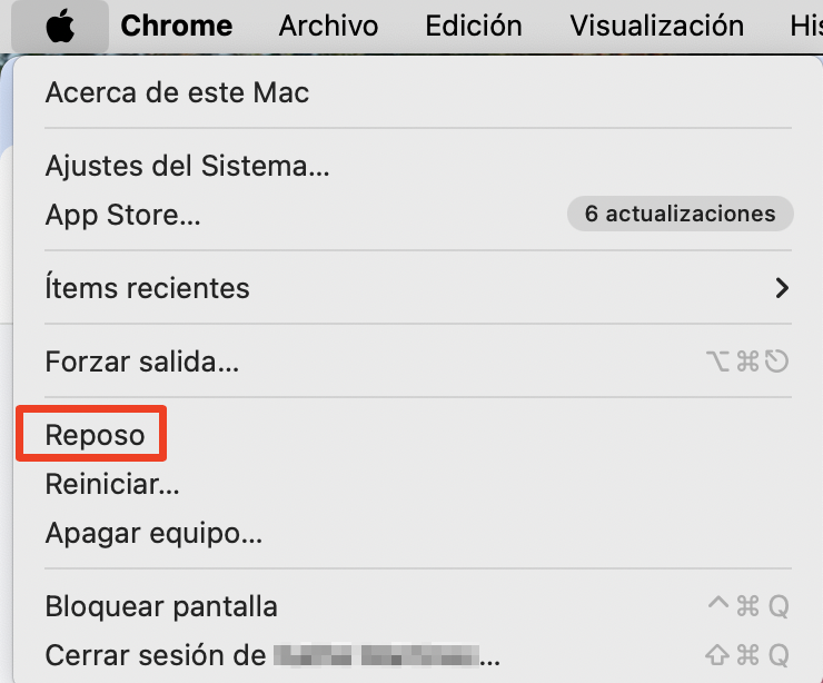 Para iniciar el modo de reposo en tu Mac y ayudar a resolver cualquier problema de conexión de accesorios USB, solo tienes que hacer clic en el icono de Apple, desplazarte hacia abajo y hacer clic en Reposo.