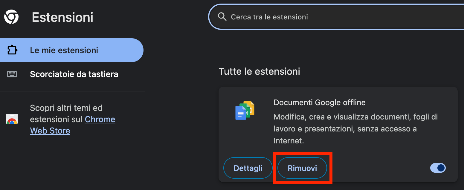 La schermata Estensioni di Chrome, con Rimuovi evidenziato sotto un’estensione. Come rimuovere le estensioni, come parte di una guida su come bloccare i falsi pop-up McAfee su Mac.