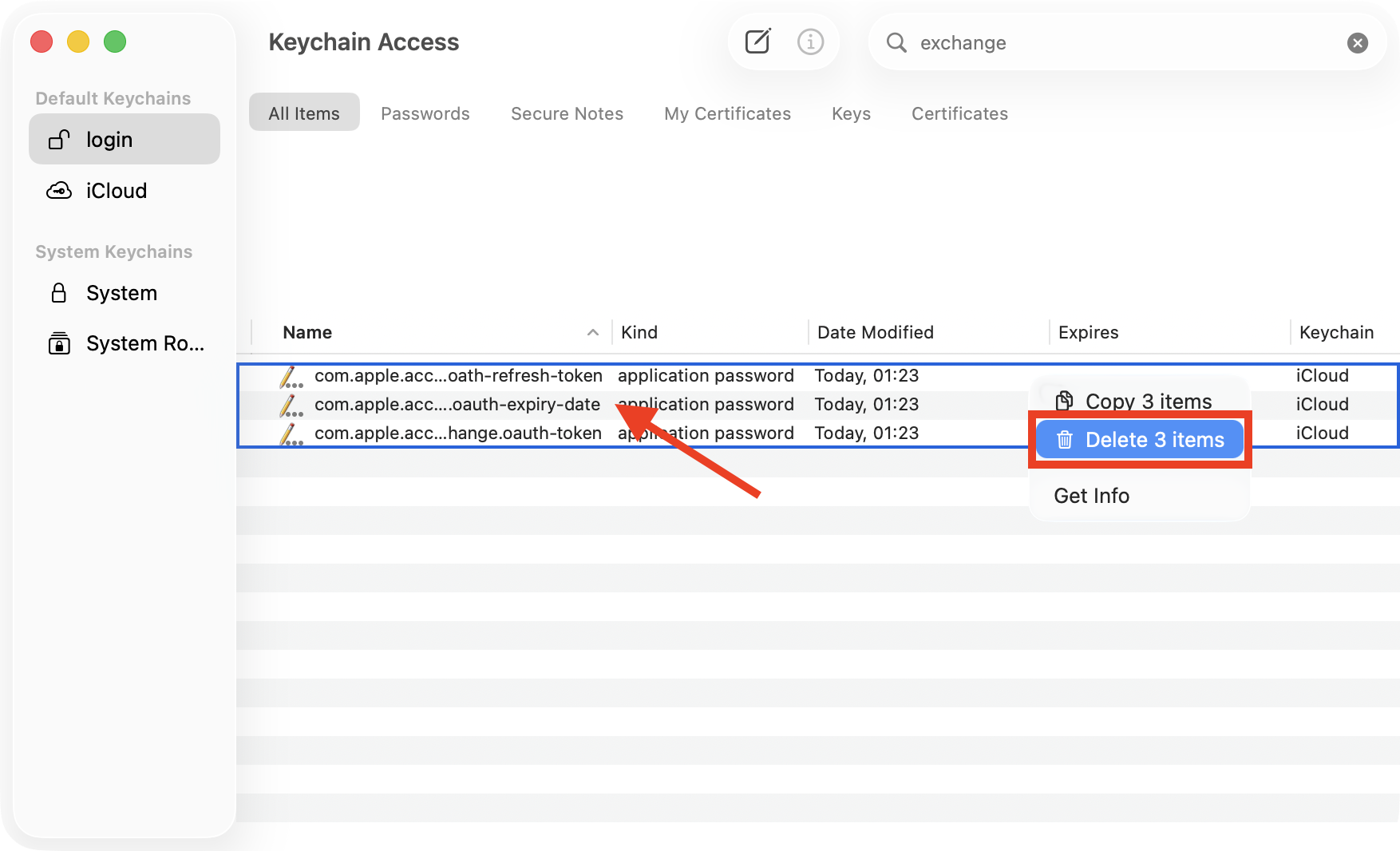 Saved Exchange accounts in Keychain Access on Mac. Delete the account details and then sign into Exchange again to eliminate Exchange password required prompts.