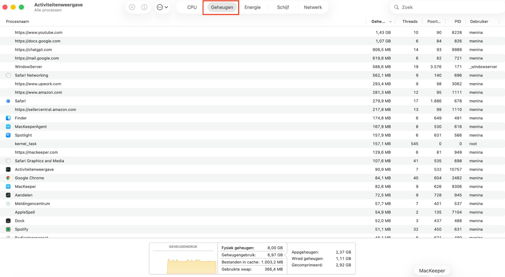 Selecteer het tabblad CPU om te zien hoeveel CPU-cycli elke app gebruikt.